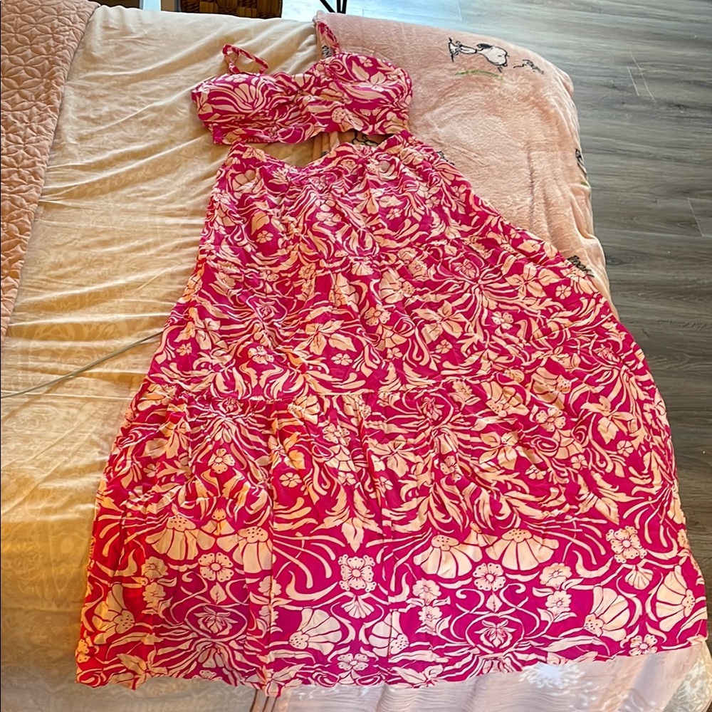 Pink Lily Pink and White Floral Skirt Set